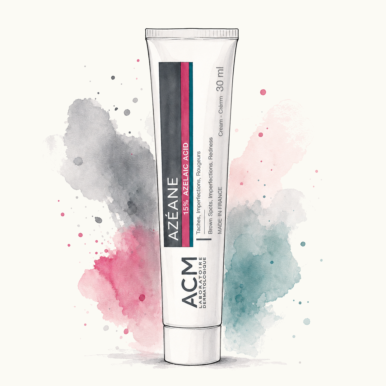 Watercolor and ink illustration of ACM Azéane Cream 15% Azelaic Acid