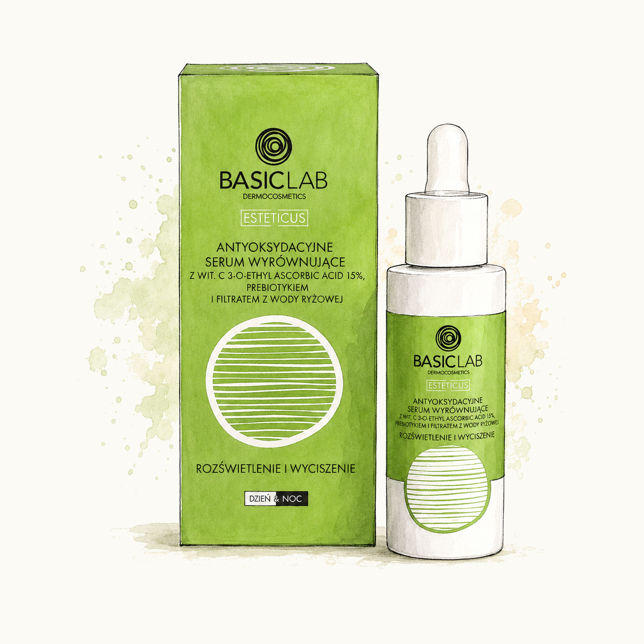 Watercolor and ink illustration of BasicLab Esteticus Antioxidant Balancing Serum with 15% Vitamin C and its green box