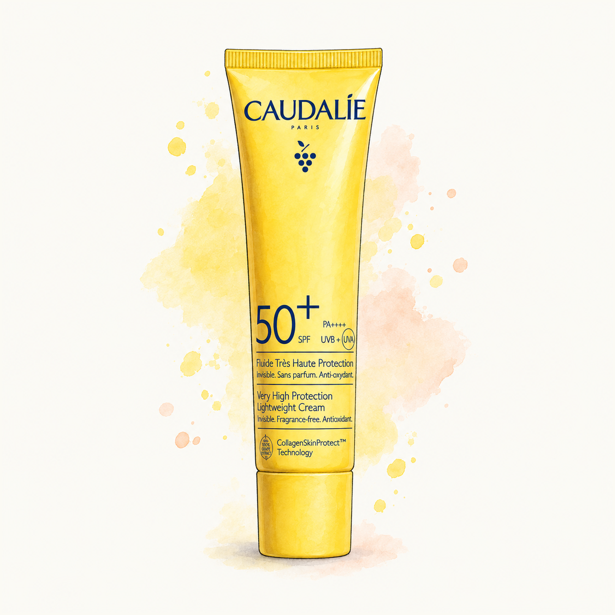 Watercolor and ink illustration of Caudalie Very High Protection Lightweight Cream SPF50+