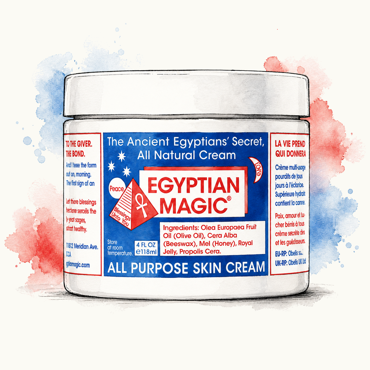 Watercolor and ink illustration of Egyptian Magic All-Purpose Skin Cream