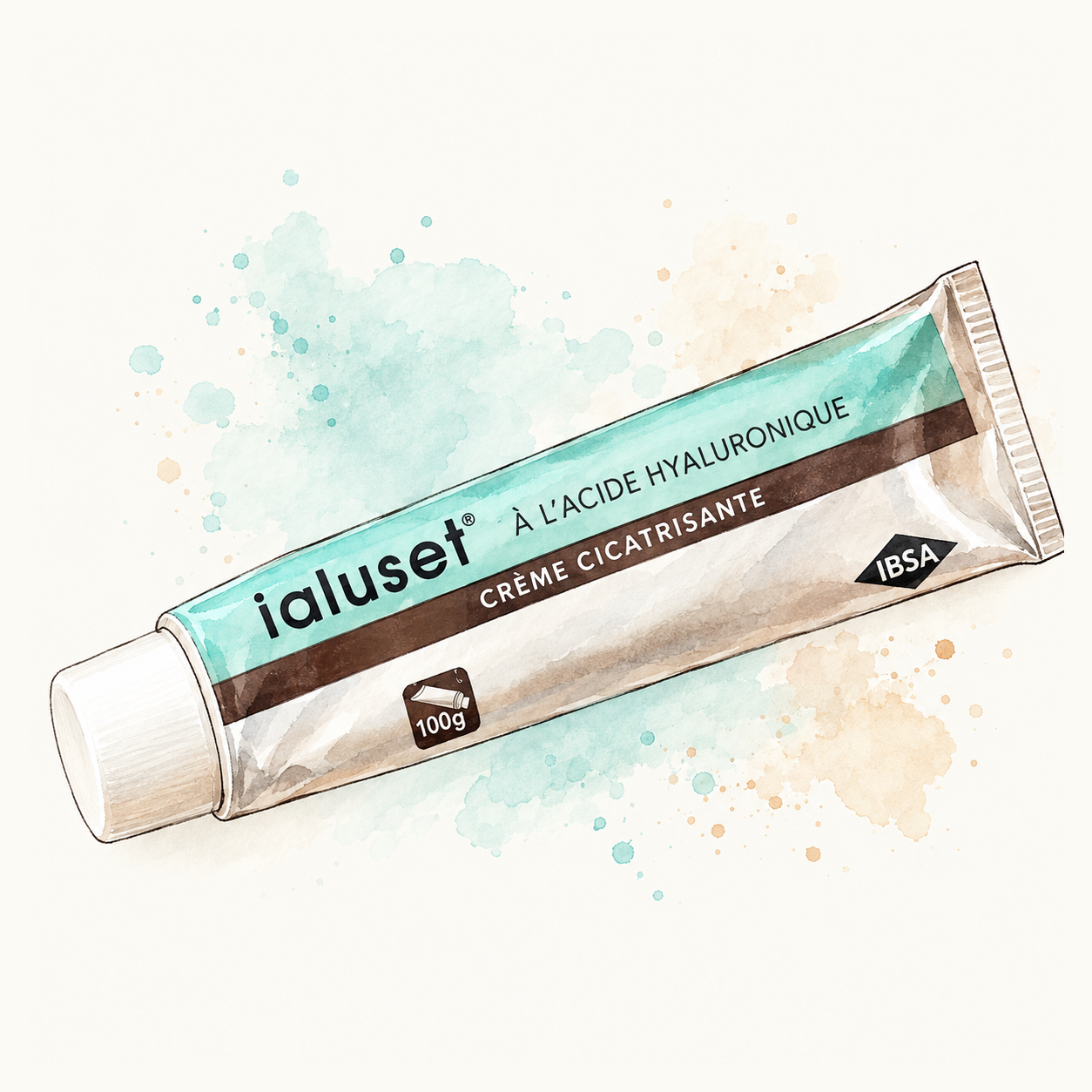 Watercolor and ink illustration of an Ialuset Hyaluronic Acid Cream tube