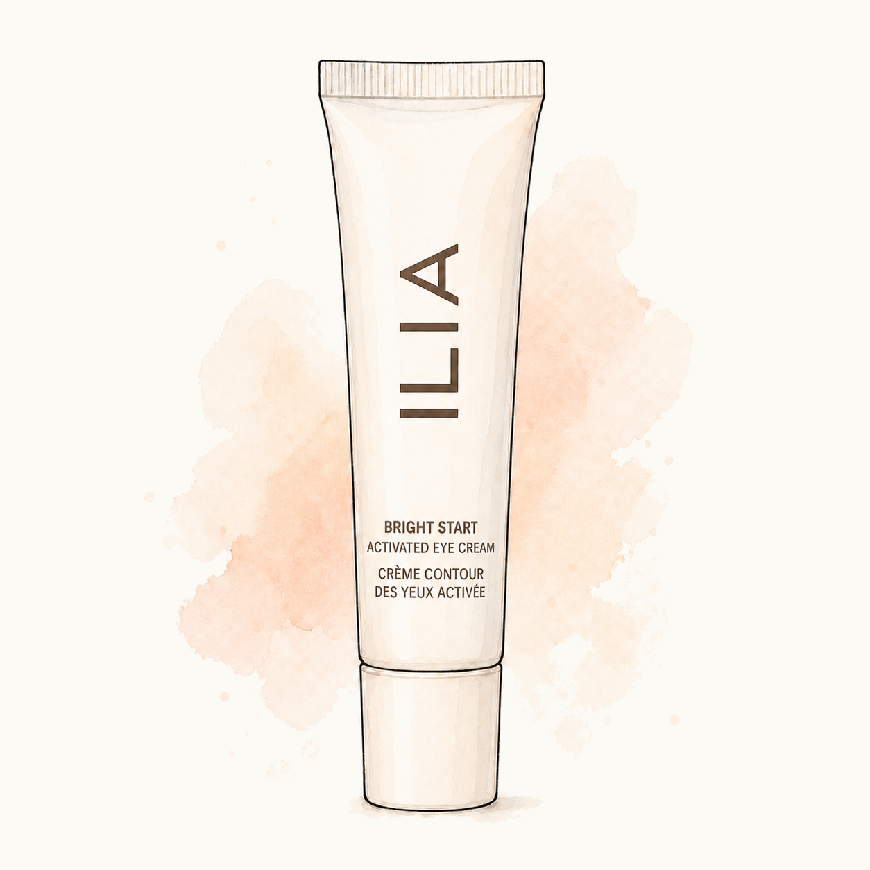 Watercolor and ink illustration of ILIA Bright Start Activated Eye Cream packaging