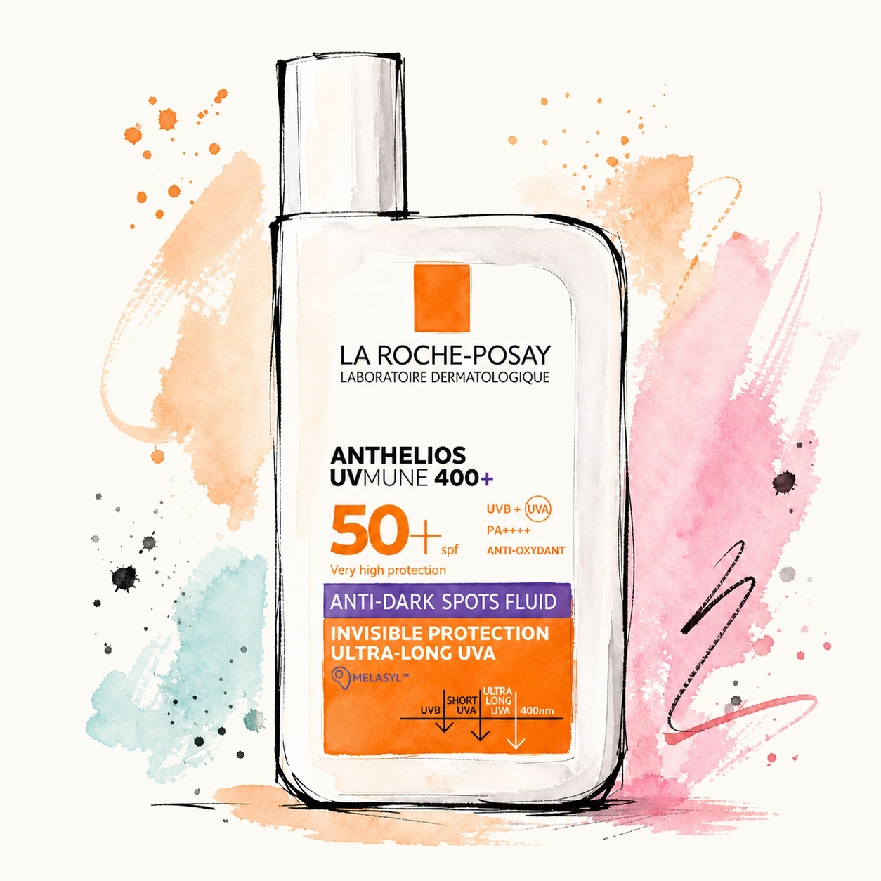 Watercolor and ink illustration of La Roche-Posay Anthelios UVMune 400 Anti-Dark Spots Fluid SPF50+