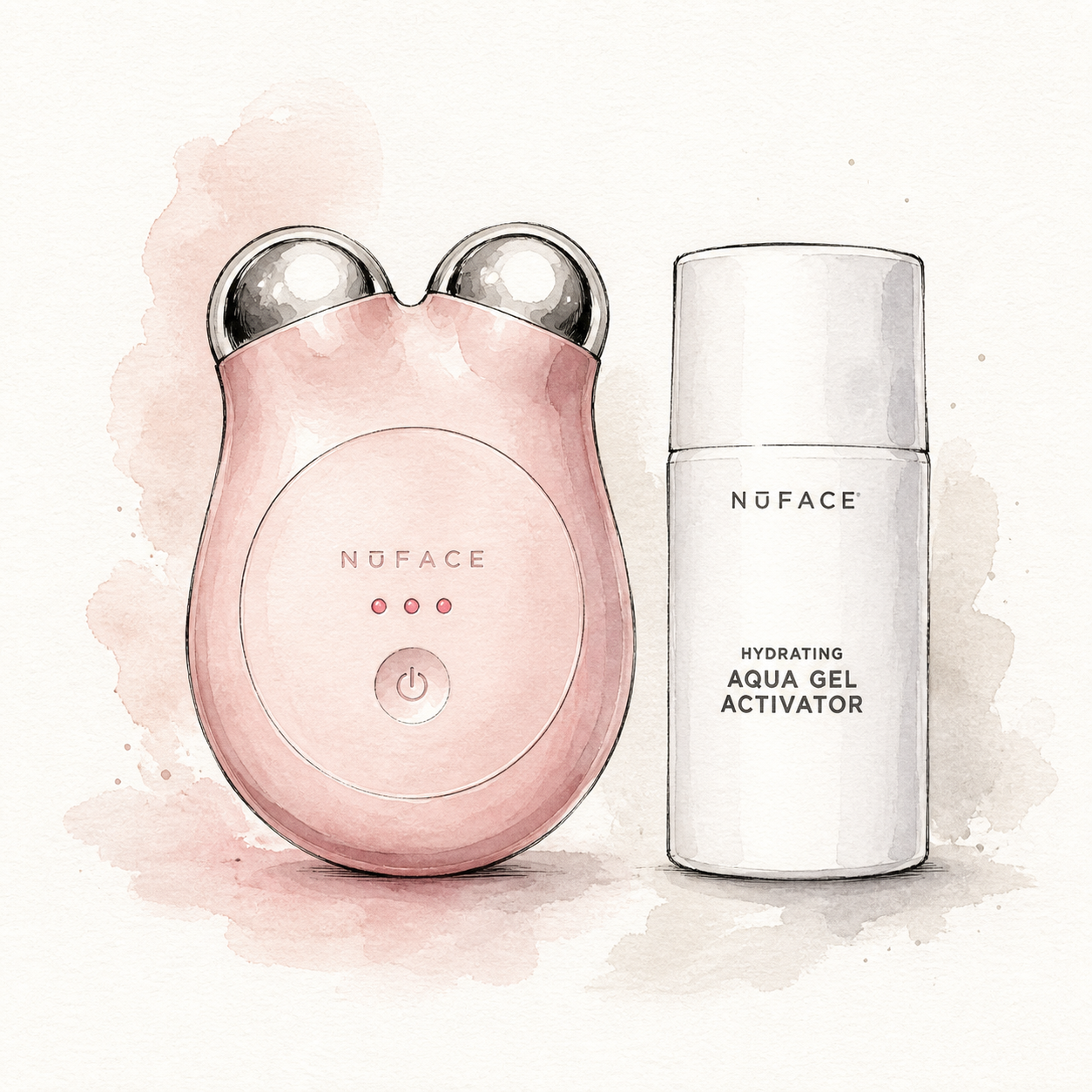 Watercolor and ink illustration of the NuFACE MINI+ and Aqua Gel Activator