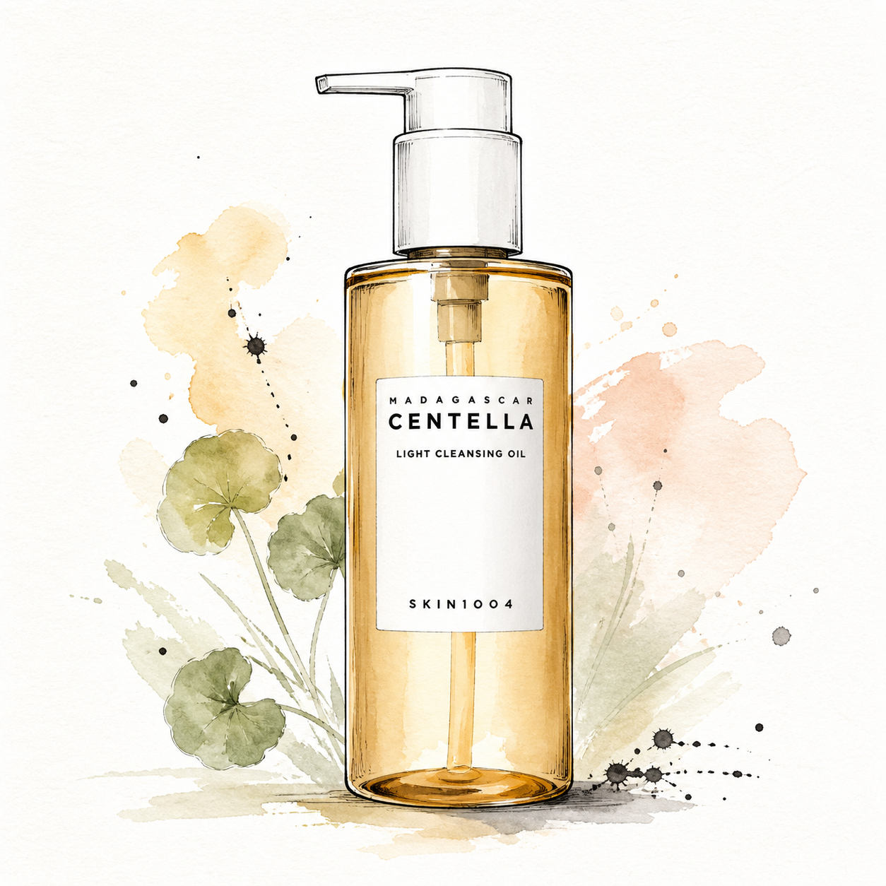 Watercolor and ink illustration of SKIN1004 Madagascar Centella Light Cleansing Oil