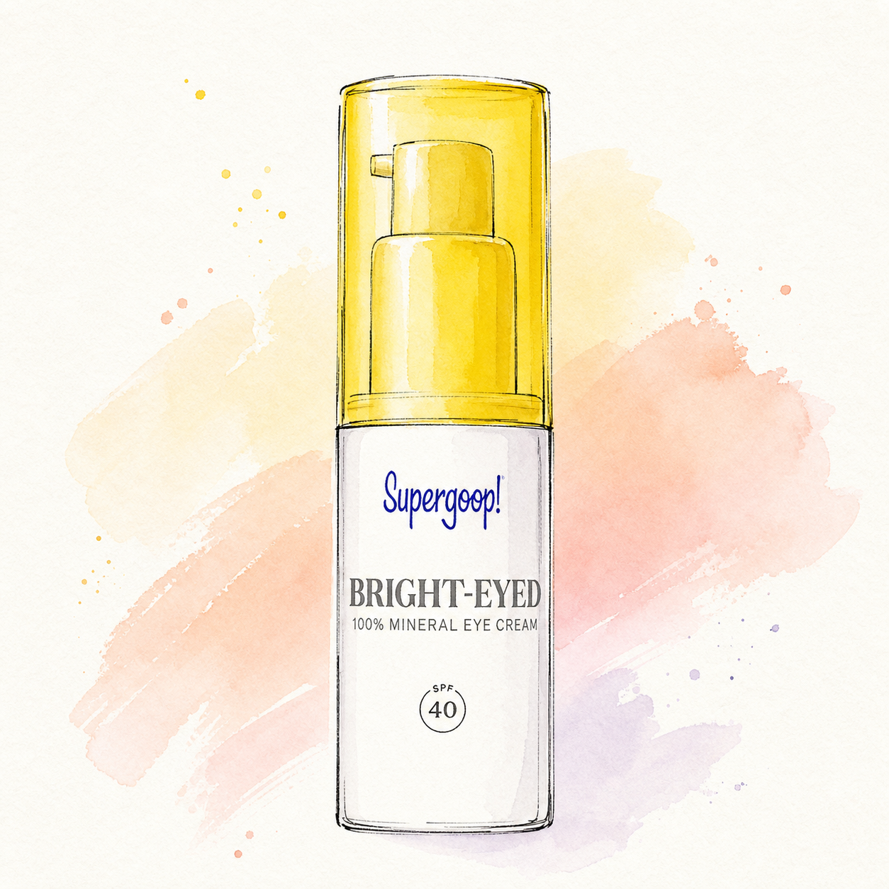Watercolor and ink illustration of Supergoop! Bright-Eyed Mineral Eye Cream SPF 40