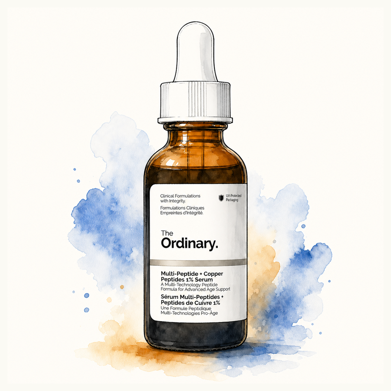 Watercolor and ink illustration of The Ordinary Multi-Peptide + Copper Peptides 1% Serum bottle